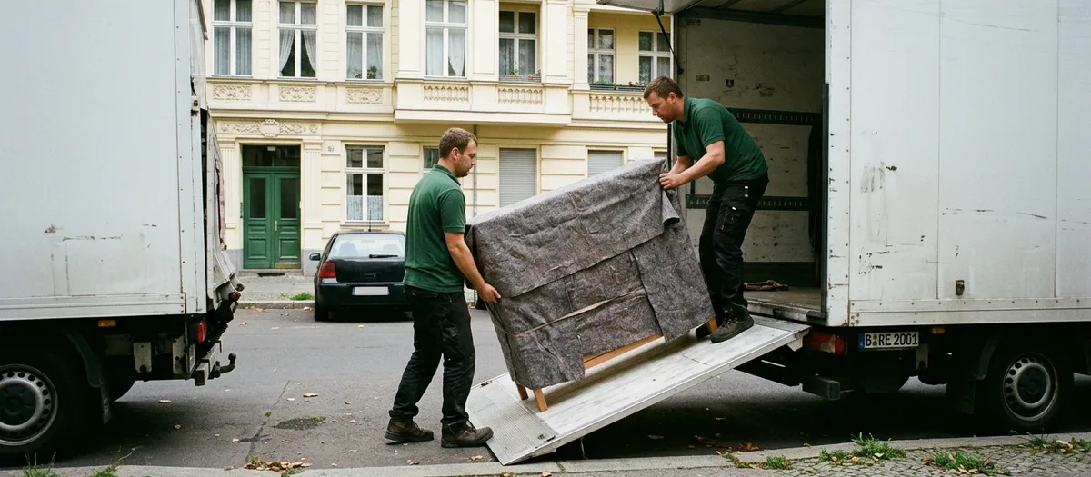 Zwei Träger schieben eine in Decken gewickelte Kommode über die Ladebordwand in den Möbelwagen, dahinter eine Berliner Altbaufassade